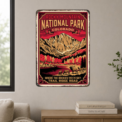 Rocky Mountain National Park Colorado metal sign with vintage weathered-tin travel poster illustration — Rocky Mountain