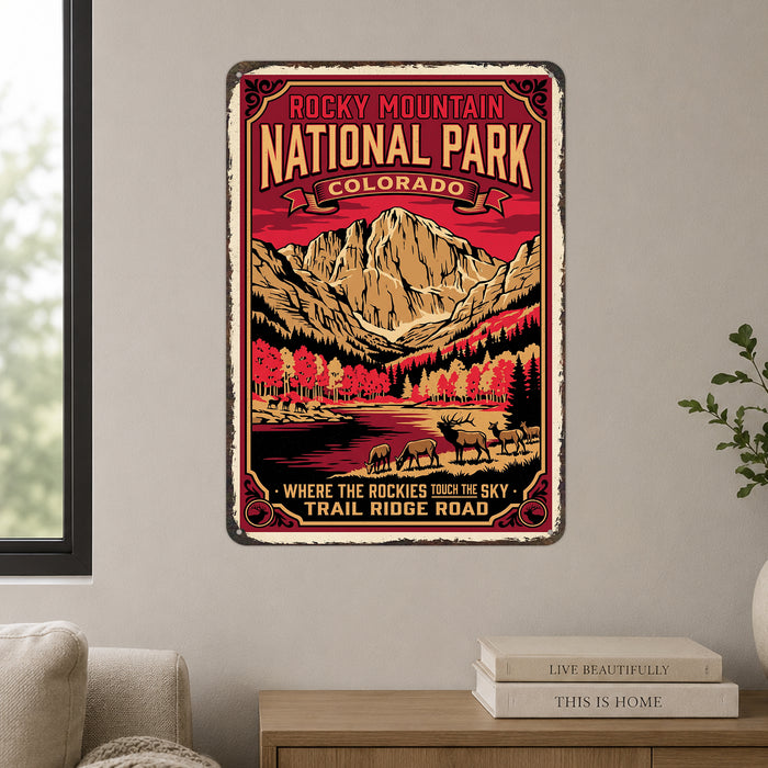 Rocky Mountain National Park Colorado metal sign with vintage weathered-tin travel poster illustration — Rocky Mountain
