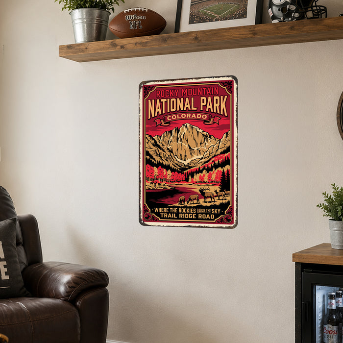 Rocky Mountain National Park Colorado metal sign with vintage weathered-tin travel poster illustration — Rocky Mountain