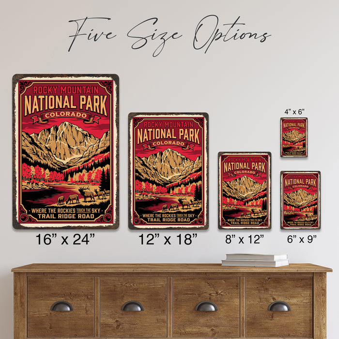 Rocky Mountain National Park Colorado metal sign with vintage weathered-tin travel poster illustration — Rocky Mountain