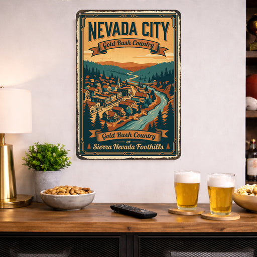 Nevada City California Gold Rush Country metal sign with vintage weathered-tin travel poster illustration — Nevada City