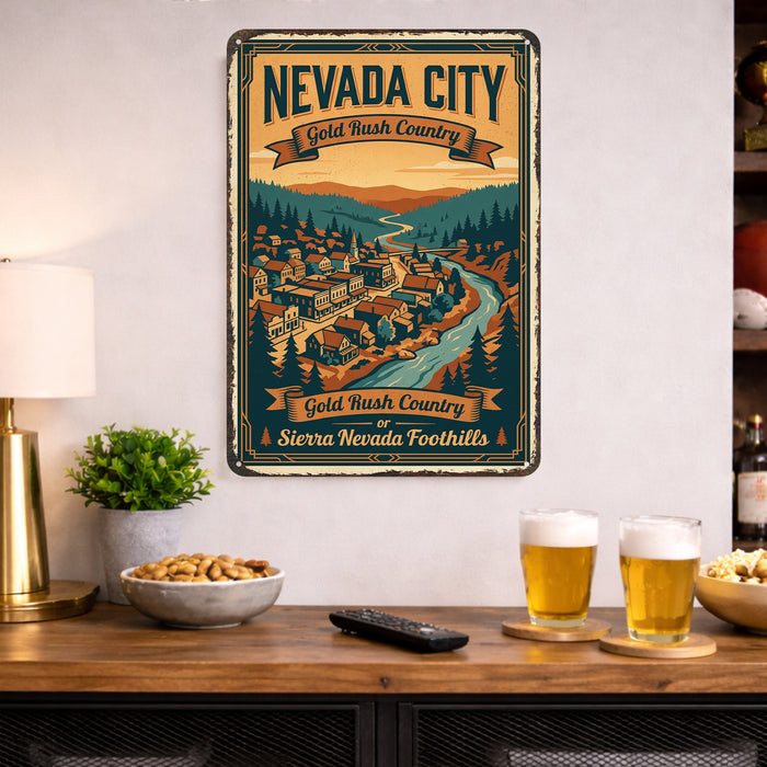 Nevada City California Gold Rush Country metal sign with vintage weathered-tin travel poster illustration — Nevada City
