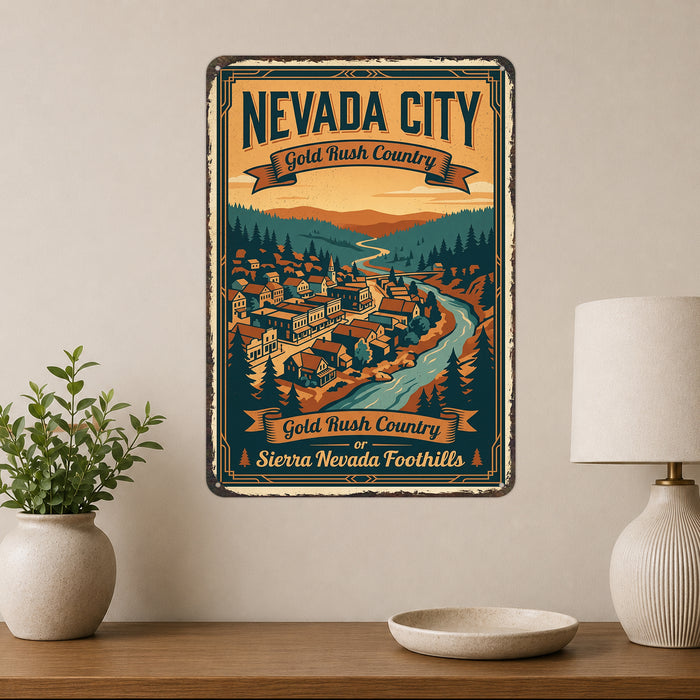Nevada City California Gold Rush Country metal sign with vintage weathered-tin travel poster illustration — Nevada City