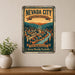 Nevada City California Gold Rush Country metal sign with vintage weathered-tin travel poster illustration — Nevada City