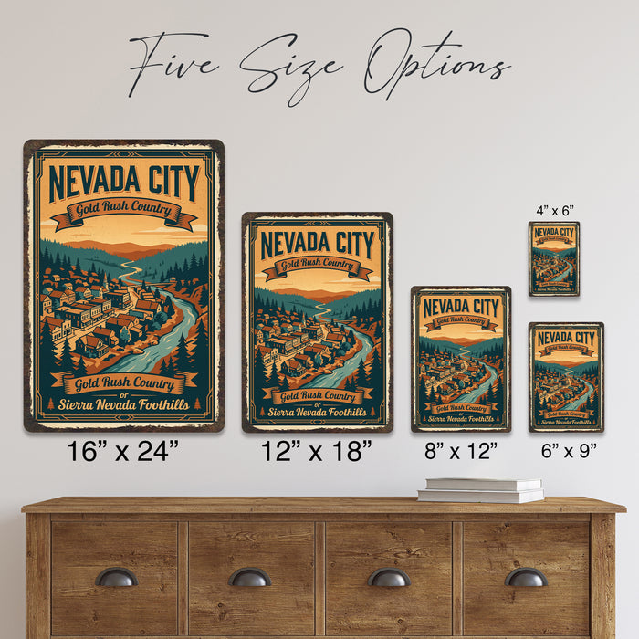 Nevada City California Gold Rush Country metal sign with vintage weathered-tin travel poster illustration — Nevada City
