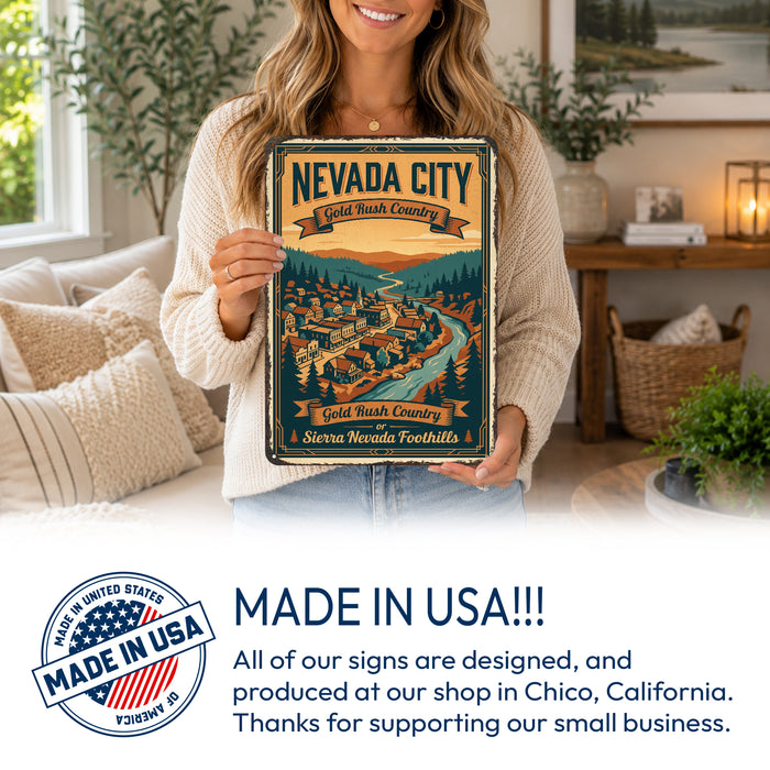 Nevada City California Gold Rush Country metal sign with vintage weathered-tin travel poster illustration — Nevada City