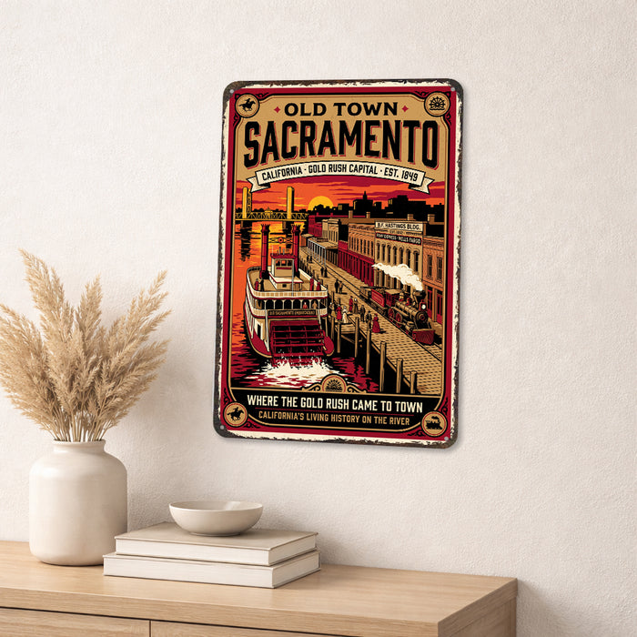 Old Town Sacramento California metal sign with vintage weathered-tin travel poster illustration — Old Town Sacramento