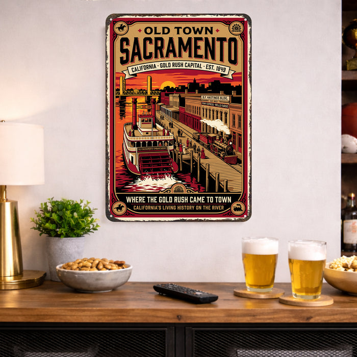 Old Town Sacramento California metal sign with vintage weathered-tin travel poster illustration — Old Town Sacramento