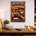 Old Town Sacramento California metal sign with vintage weathered-tin travel poster illustration — Old Town Sacramento
