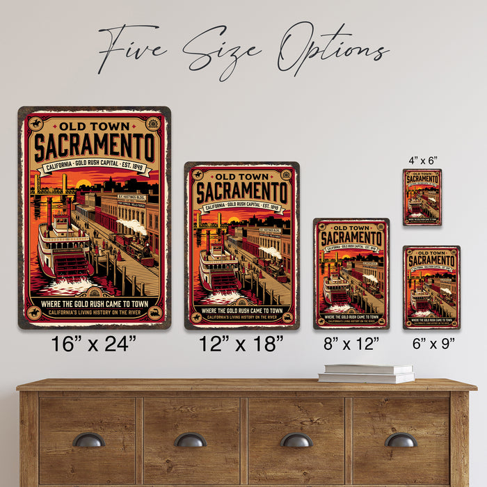 Old Town Sacramento California metal sign with vintage weathered-tin travel poster illustration — Old Town Sacramento