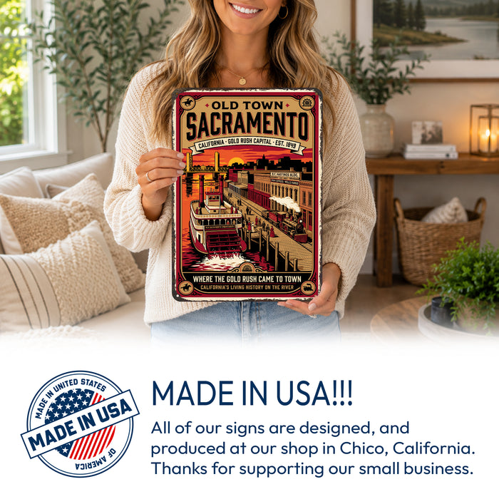 Old Town Sacramento California metal sign with vintage weathered-tin travel poster illustration — Old Town Sacramento
