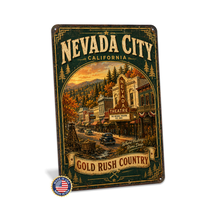 Nevada City California Autumn Theatre metal sign with vintage weathered-tin travel poster illustration — Nevada City