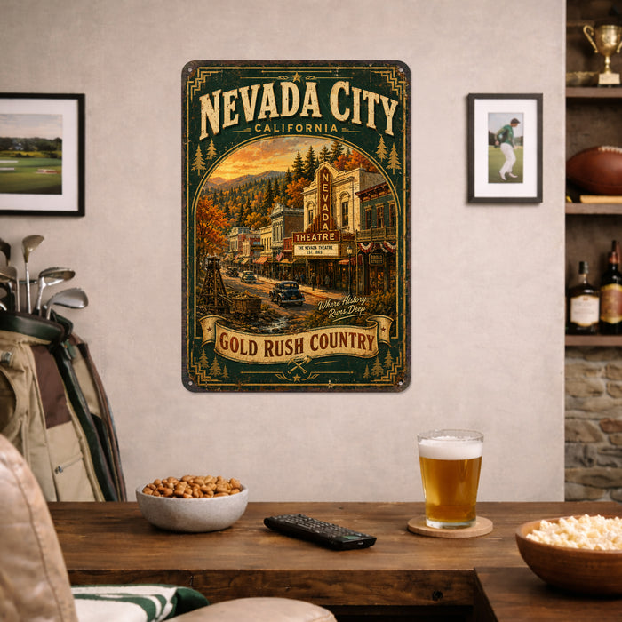 Nevada City California Autumn Theatre metal sign with vintage weathered-tin travel poster illustration — Nevada City