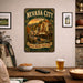 Nevada City California Autumn Theatre metal sign with vintage weathered-tin travel poster illustration — Nevada City