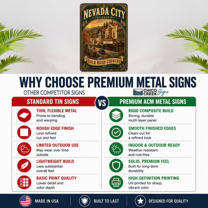 Nevada City California Autumn Theatre metal sign with vintage weathered-tin travel poster illustration — Nevada City