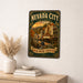 Nevada City California Autumn Theatre metal sign with vintage weathered-tin travel poster illustration — Nevada City