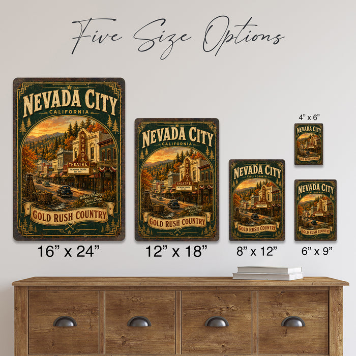 Nevada City California Autumn Theatre metal sign with vintage weathered-tin travel poster illustration — Nevada City