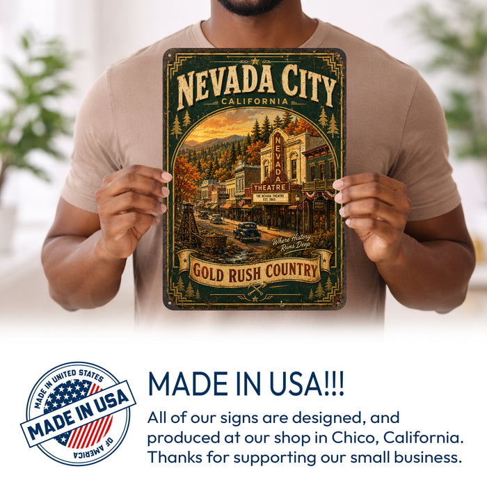 Nevada City California Autumn Theatre metal sign with vintage weathered-tin travel poster illustration — Nevada City