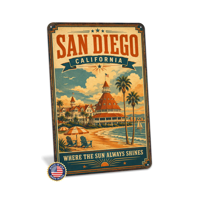 San Diego California Hotel del Coronado metal sign with vintage weathered-tin travel poster illustration — San Diego