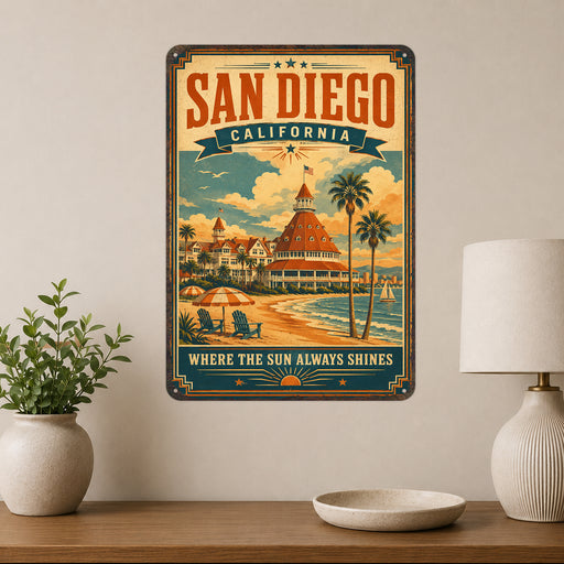 San Diego California Hotel del Coronado metal sign with vintage weathered-tin travel poster illustration — San Diego