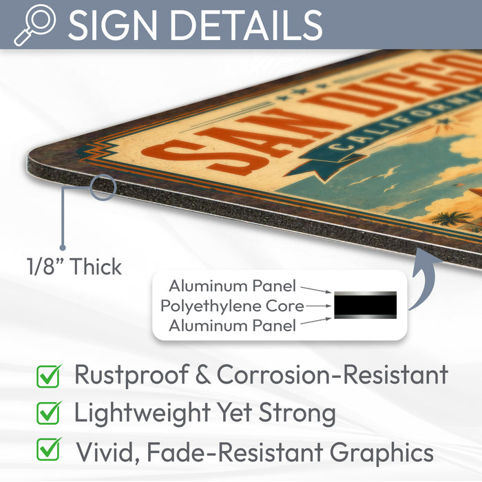 San Diego California Hotel del Coronado metal sign with vintage weathered-tin travel poster illustration — San Diego