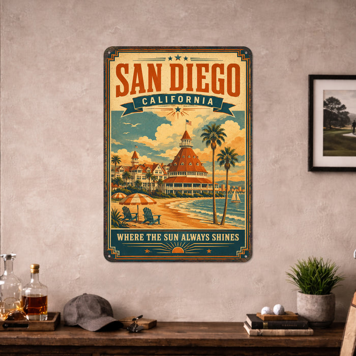 San Diego California Hotel del Coronado metal sign with vintage weathered-tin travel poster illustration — San Diego