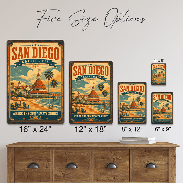 San Diego California Hotel del Coronado metal sign with vintage weathered-tin travel poster illustration — San Diego