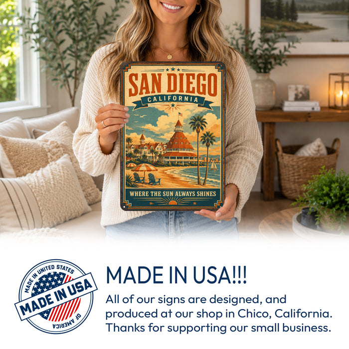 San Diego California Hotel del Coronado metal sign with vintage weathered-tin travel poster illustration — San Diego