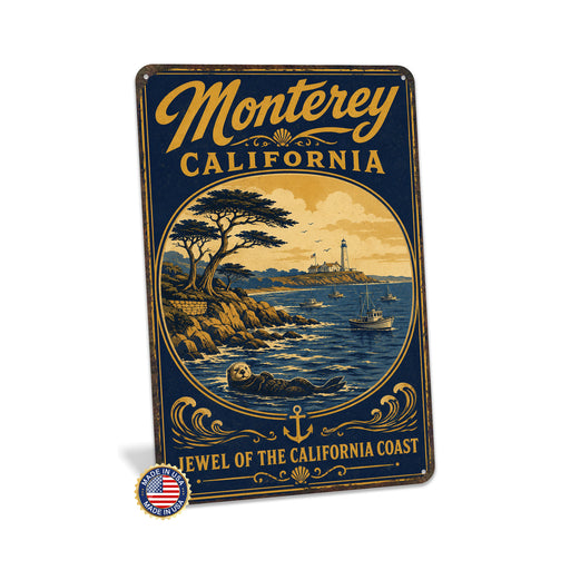 Monterey California metal sign with vintage weathered-tin travel poster illustration — Monterey California