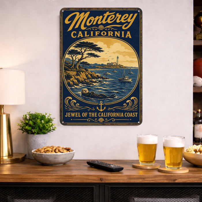 Monterey California metal sign with vintage weathered-tin travel poster illustration — Monterey California