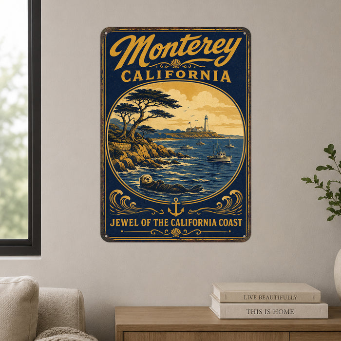 Monterey California metal sign with vintage weathered-tin travel poster illustration — Monterey California