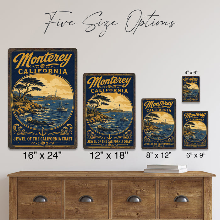 Monterey California metal sign with vintage weathered-tin travel poster illustration — Monterey California