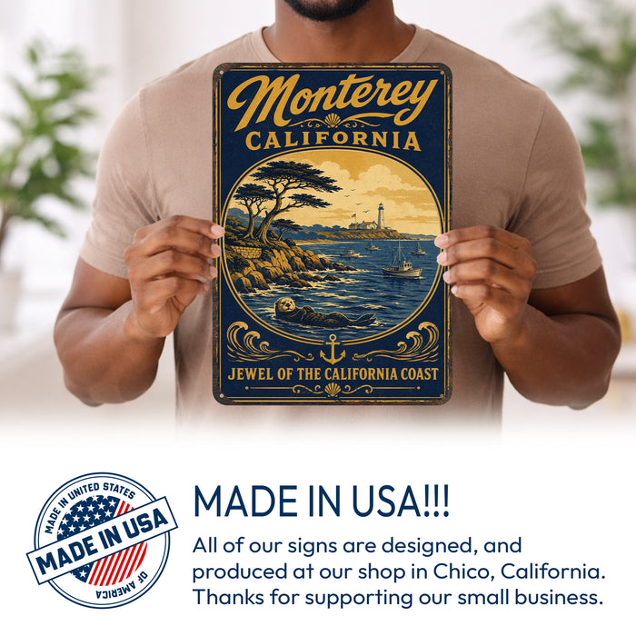 Monterey California metal sign with vintage weathered-tin travel poster illustration — Monterey California