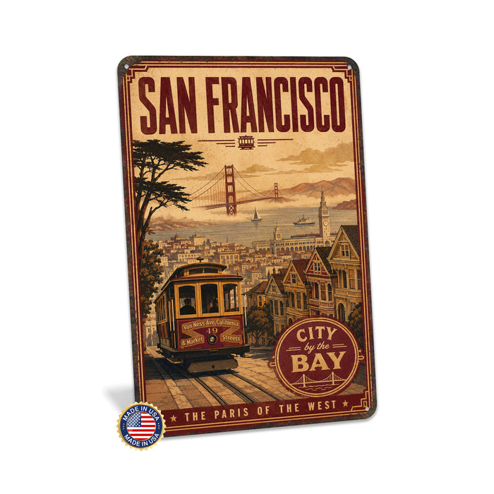 San Francisco California City by the Bay metal sign with vintage weathered-tin travel poster illustration — San Francisco