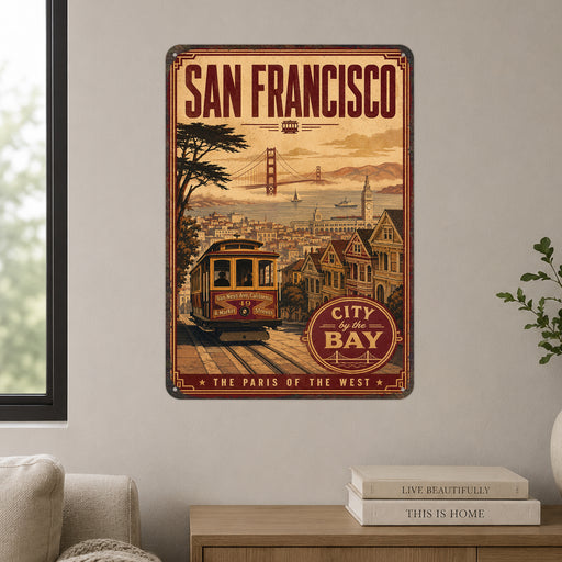 San Francisco California City by the Bay metal sign with vintage weathered-tin travel poster illustration — San Francisco