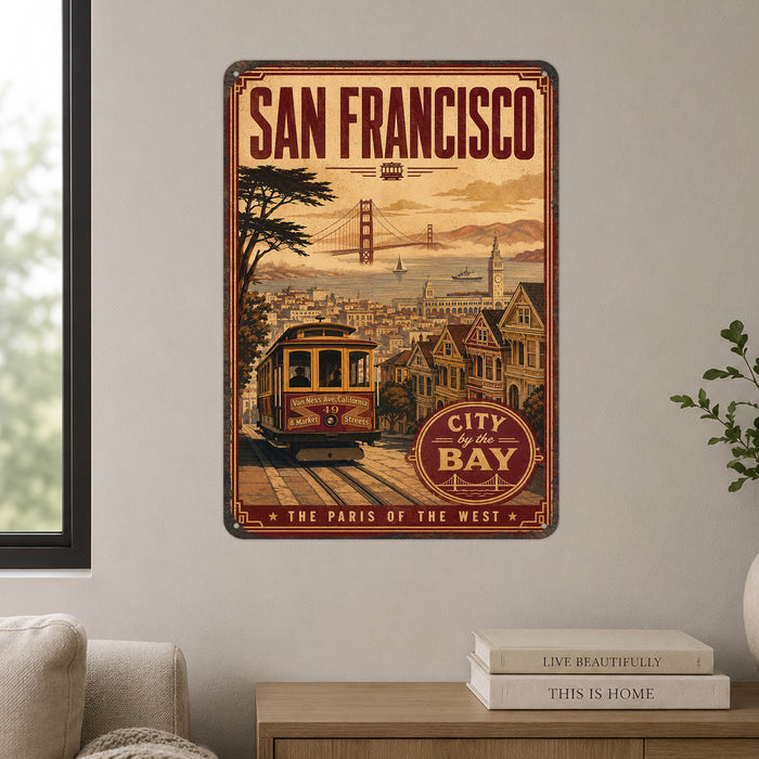 San Francisco California City by the Bay metal sign with vintage weathered-tin travel poster illustration — San Francisco