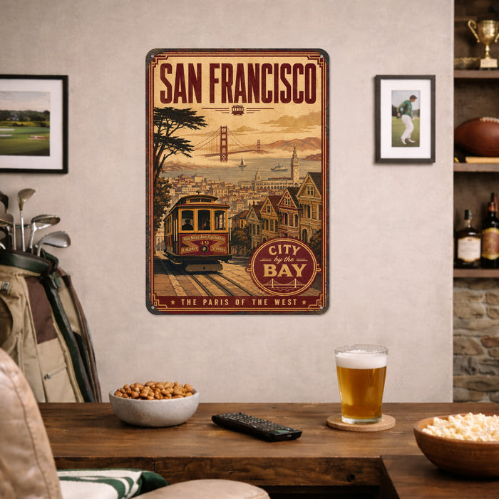 San Francisco California City by the Bay metal sign with vintage weathered-tin travel poster illustration — San Francisco