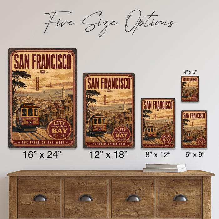 San Francisco California City by the Bay metal sign with vintage weathered-tin travel poster illustration — San Francisco