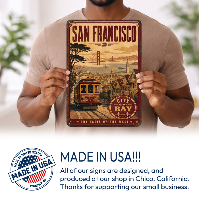 San Francisco California City by the Bay metal sign with vintage weathered-tin travel poster illustration — San Francisco