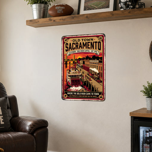 Old Town Sacramento Gold Rush Capital metal sign with vintage weathered-tin travel poster illustration — Old Town Sacramento