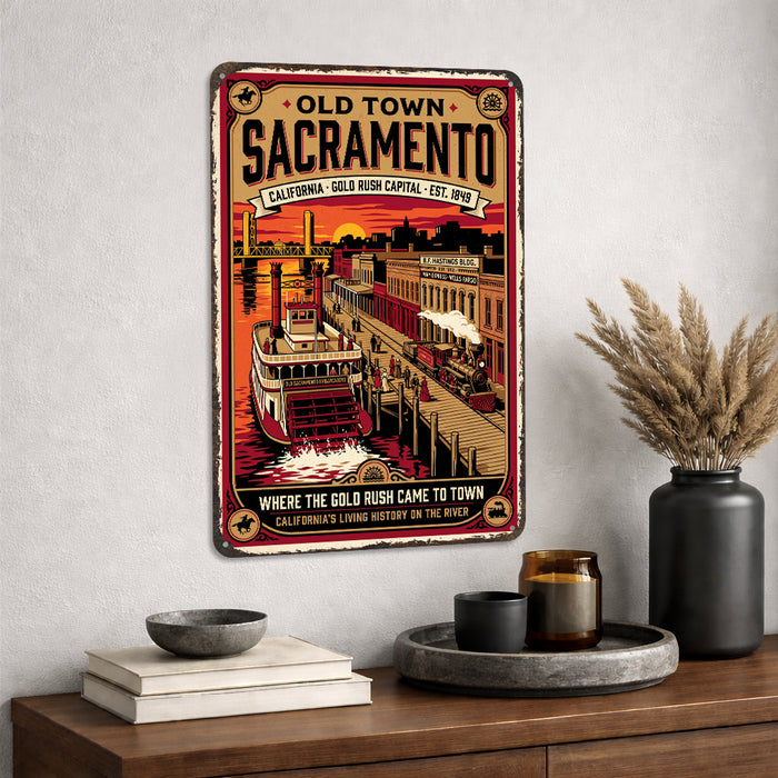 Old Town Sacramento Gold Rush Capital metal sign with vintage weathered-tin travel poster illustration — Old Town Sacramento