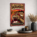 Old Town Sacramento Gold Rush Capital metal sign with vintage weathered-tin travel poster illustration — Old Town Sacramento