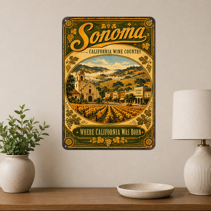 Sonoma California Wine Country metal sign with vintage weathered-tin travel poster illustration — Sonoma California Wine