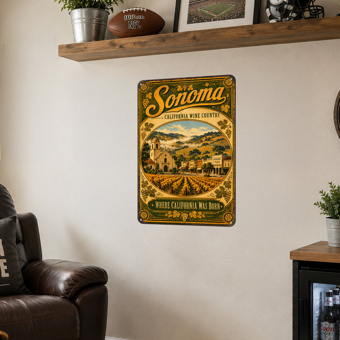 Sonoma California Wine Country metal sign with vintage weathered-tin travel poster illustration — Sonoma California Wine