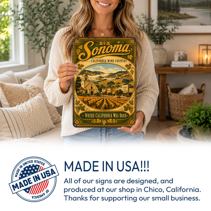 Sonoma California Wine Country metal sign with vintage weathered-tin travel poster illustration — Sonoma California Wine