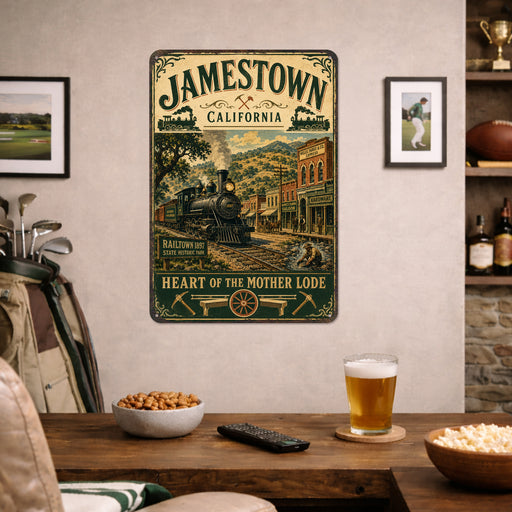 Jamestown California Mother Lode metal sign with vintage weathered-tin travel poster illustration — Jamestown California