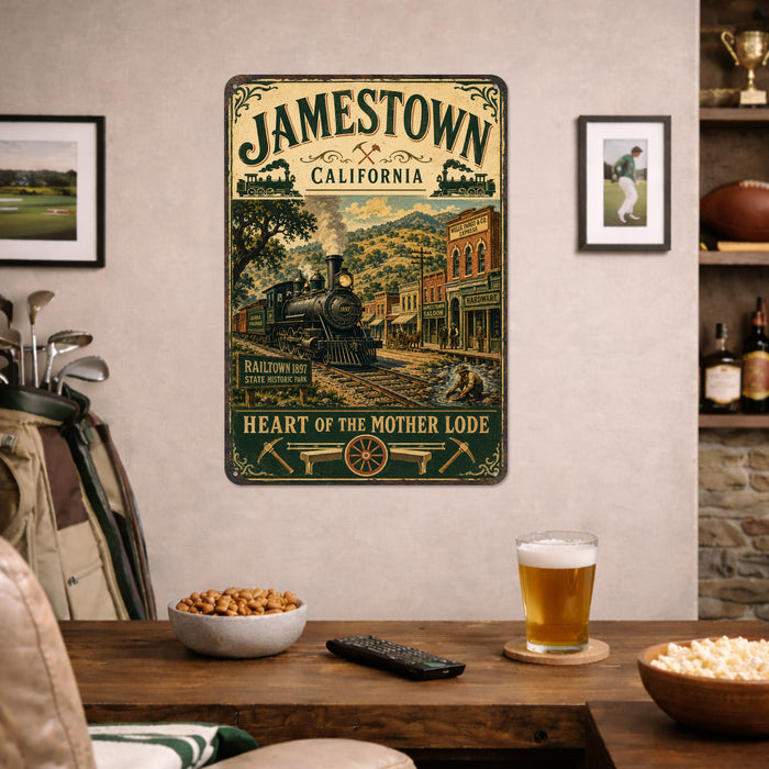 Jamestown California Mother Lode metal sign with vintage weathered-tin travel poster illustration — Jamestown California