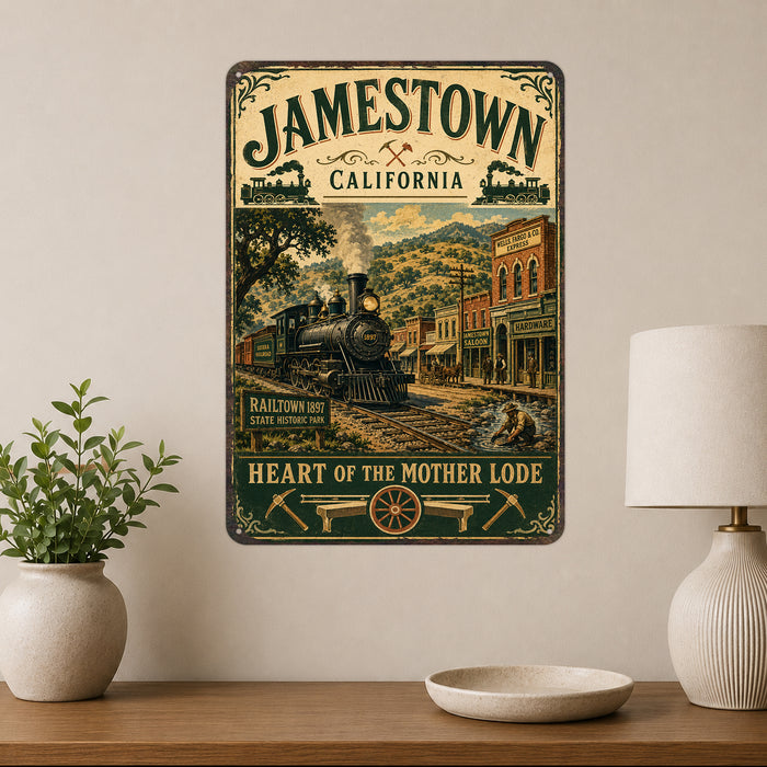 Jamestown California Mother Lode metal sign with vintage weathered-tin travel poster illustration — Jamestown California