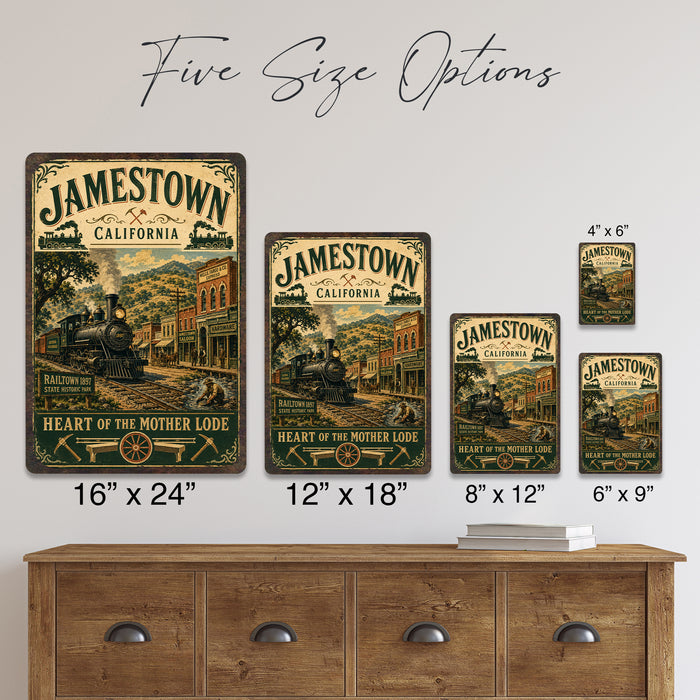 Jamestown California Mother Lode metal sign with vintage weathered-tin travel poster illustration — Jamestown California