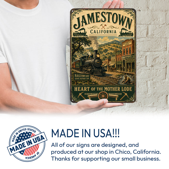Jamestown California Mother Lode metal sign with vintage weathered-tin travel poster illustration — Jamestown California